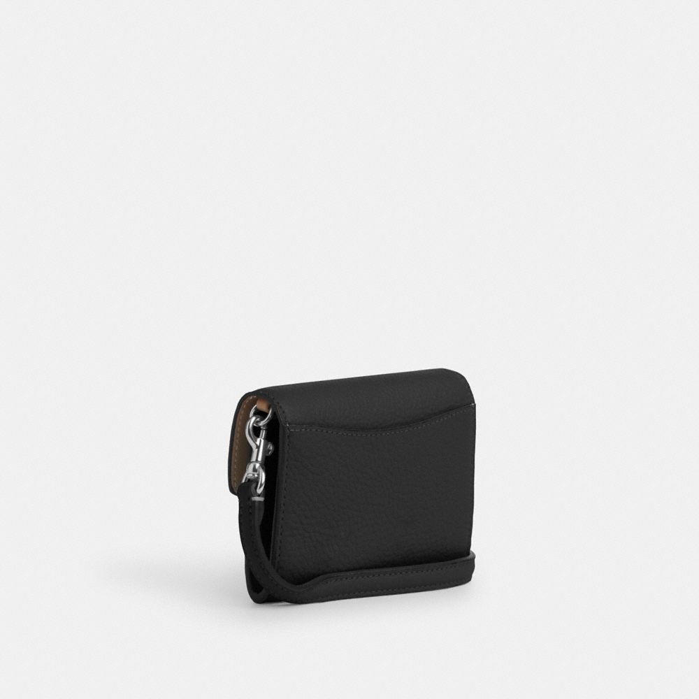COACH®,Mini Envelope Wallet With Strap,Leather,Coin,Logo,Metal,Casual,Black,Angle View