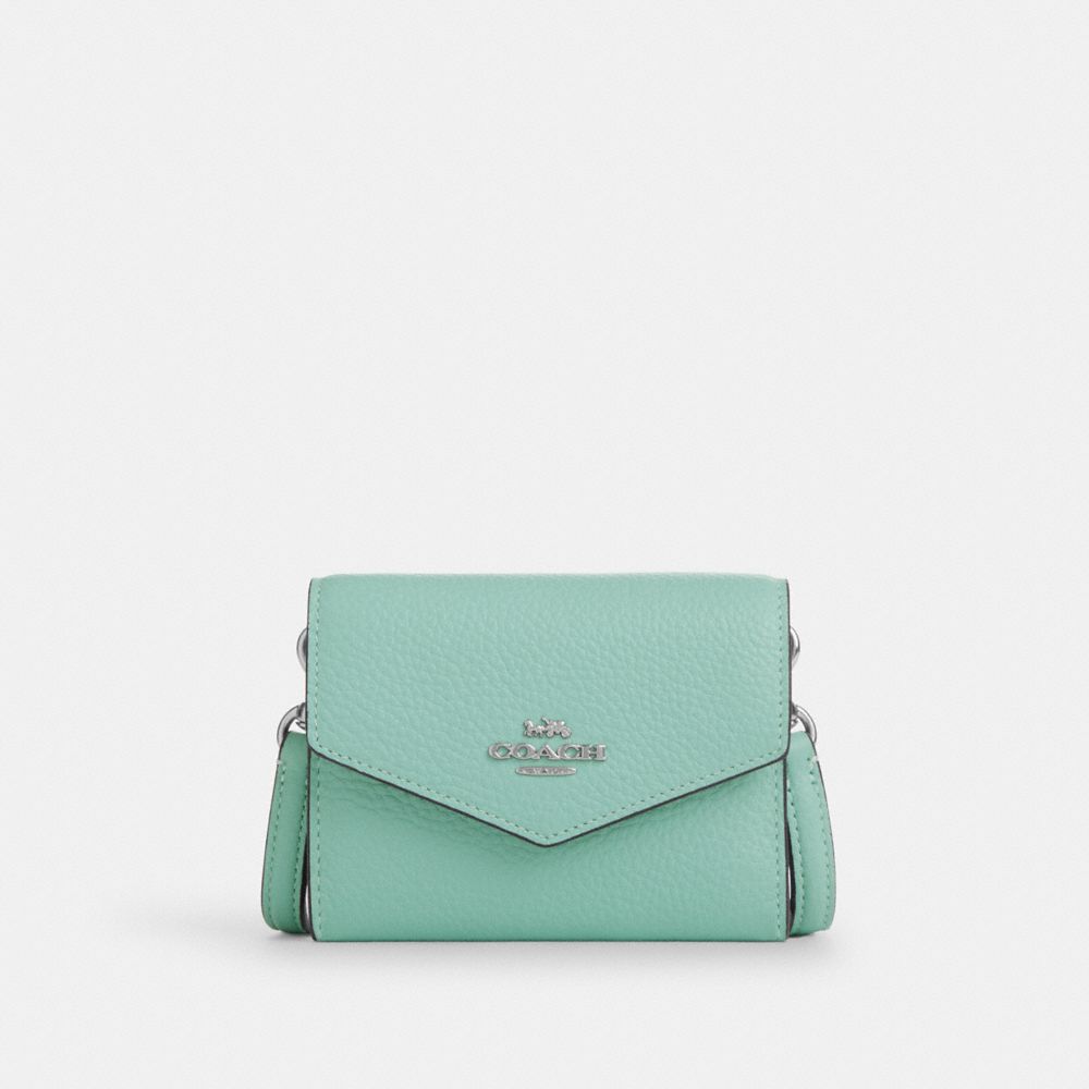 COACH®,MINI ENVELOPE WALLET WITH STRAP,Pebbled Leather,Mini,Sv/Faded Blue,Front View