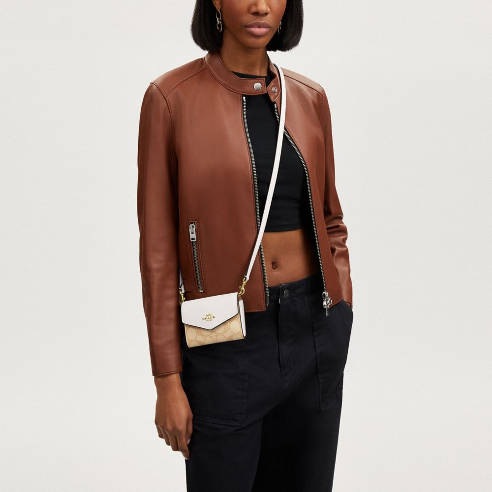 COACH®,Mini Envelope Wallet With Strap In Signature Canvas,Leather,Continental,Color Block,Casual,Beige,Detail View