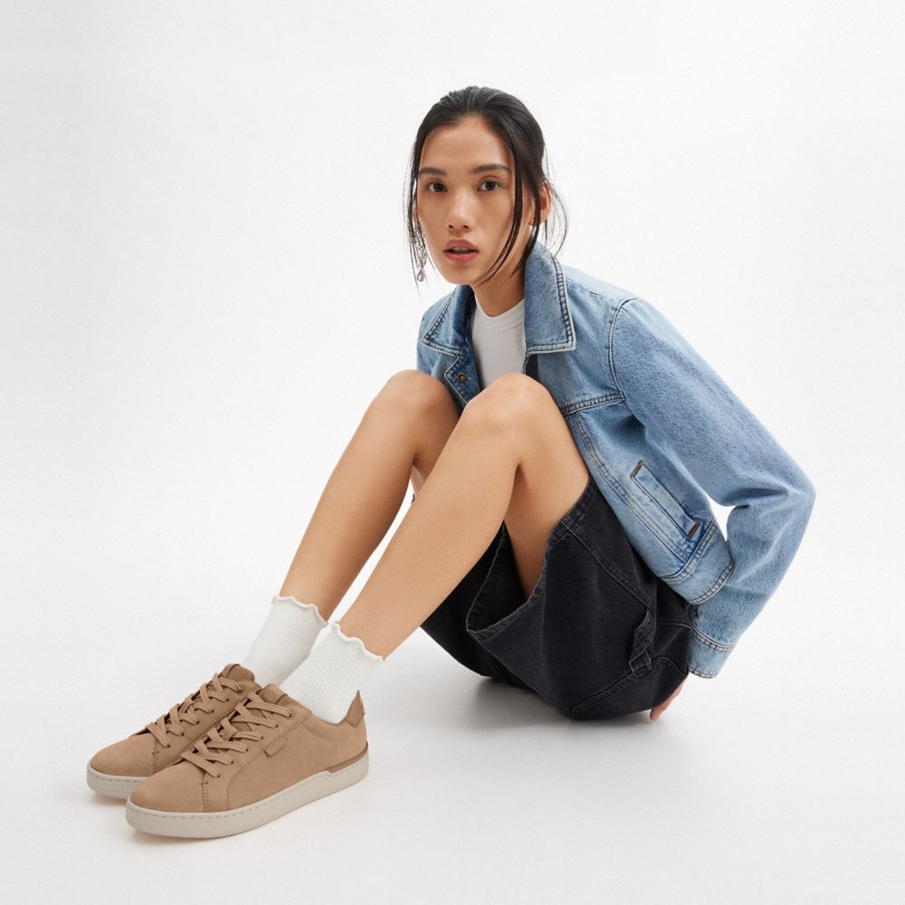 COACH®,Lowline Low Top Sneaker,Velvet,Suede,Leather,Lining Fabric,Rubber,Casual,Logo,Embossed,Cushioned,Casual,Brown,Detail View