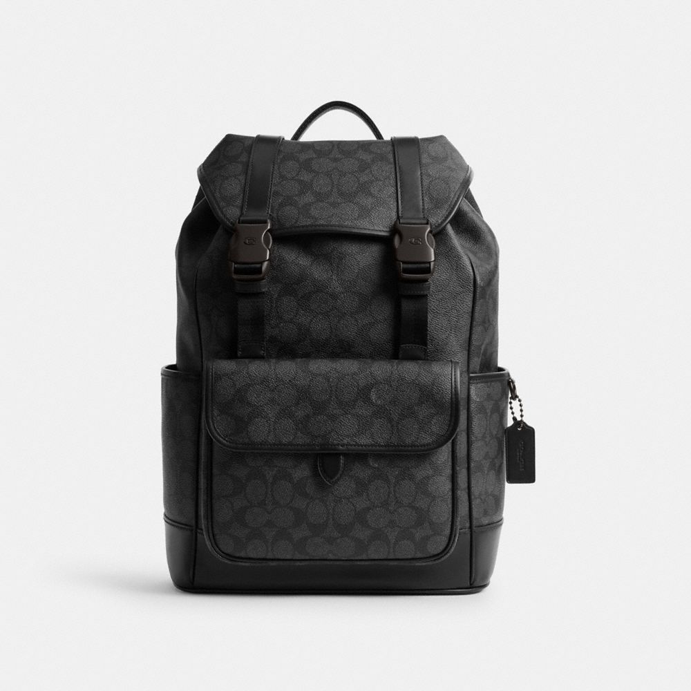COACH®,LEAGUE FLAP BACKPACK IN SIGNATURE CANVAS,Signature Coated Canvas,X-Large,Charcoal Signature,Front View