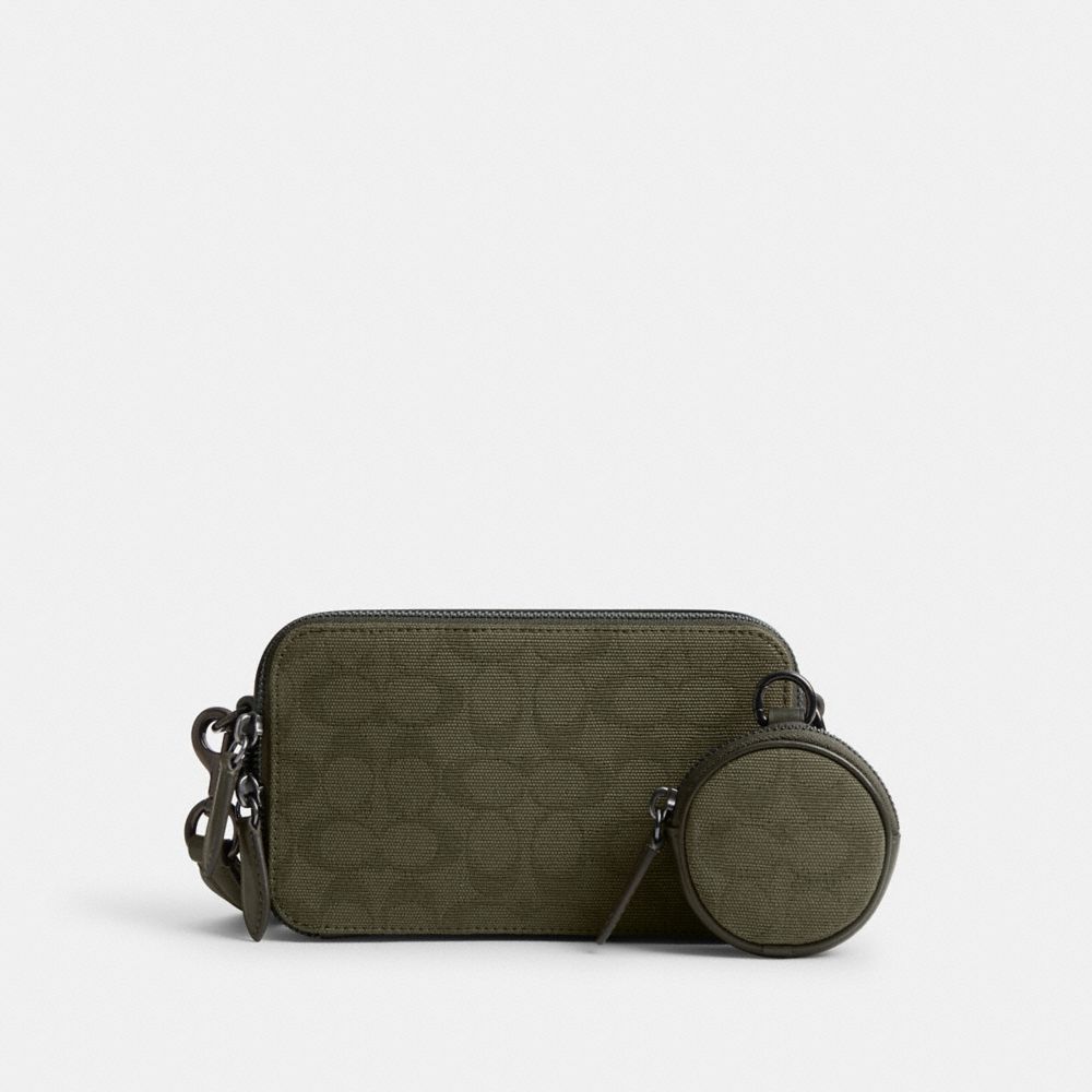 COACH®,CHARTER SLIM CROSSBODY IN SIGNATURE CANVAS JACQUARD,Mini,Army Green,Front View