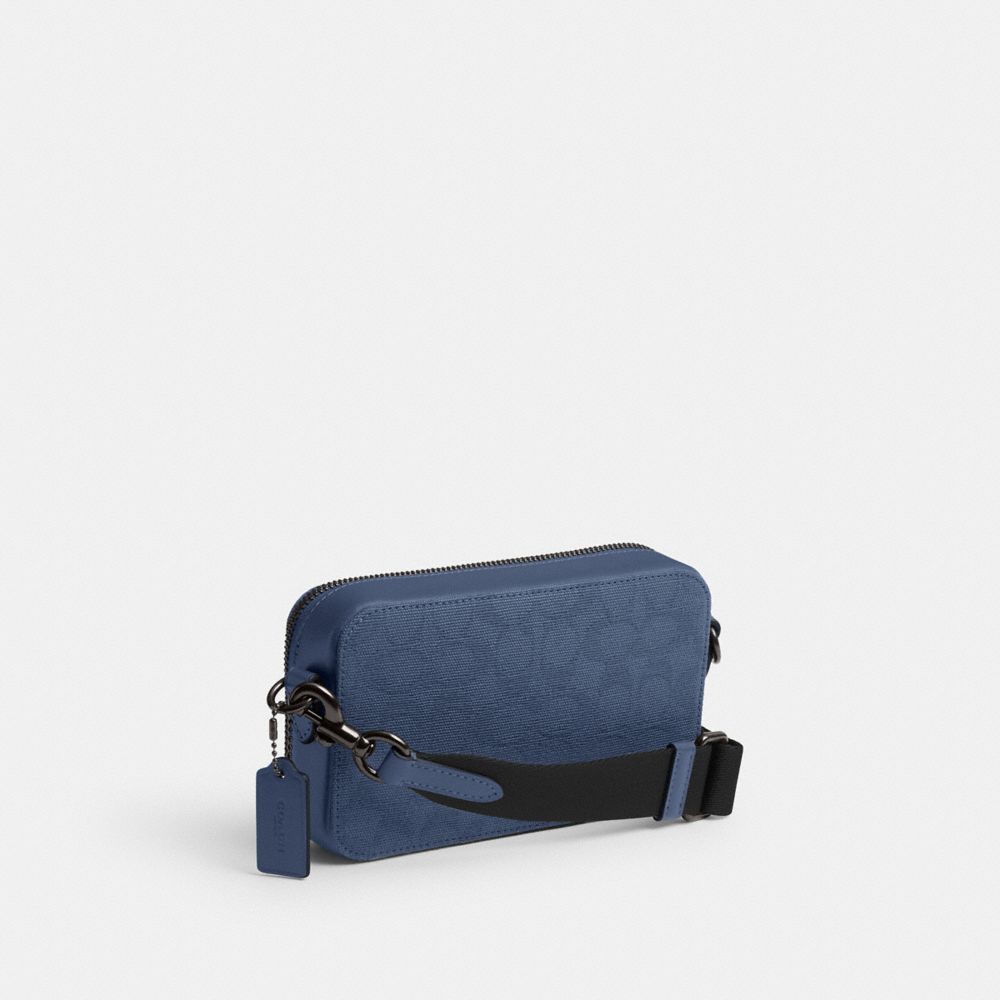 COACH®,Charter Slim Crossbody Bag In Signature Canvas Jacquard,Canvas,Calfskin Leather,Coin,Crossbody,Leather Embellishmen...,Blue,Angle View