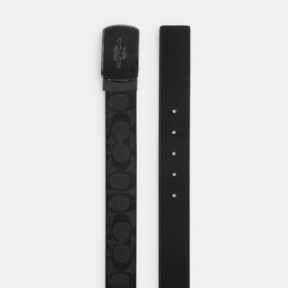 COACH®,PLAQUE BUCKLE CUT-TO-SIZE REVERSIBLE BELT, 38MM,Gunmetal/Charcoal/Black,Angle View