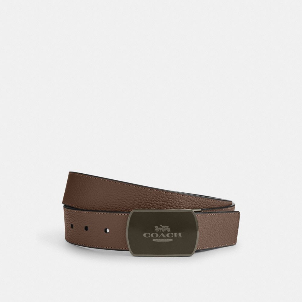 COACH®,PLAQUE BUCKLE CUT-TO-SIZE REVERSIBLE BELT, 38MM,Qb/Dark Stone/Black,Front View