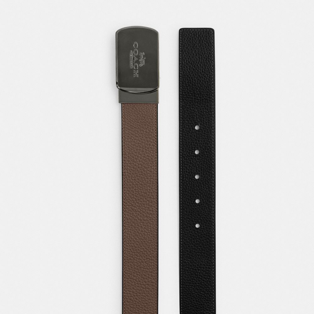 COACH®,PLAQUE BUCKLE CUT-TO-SIZE REVERSIBLE BELT, 38MM,Qb/Dark Stone/Black,Angle View
