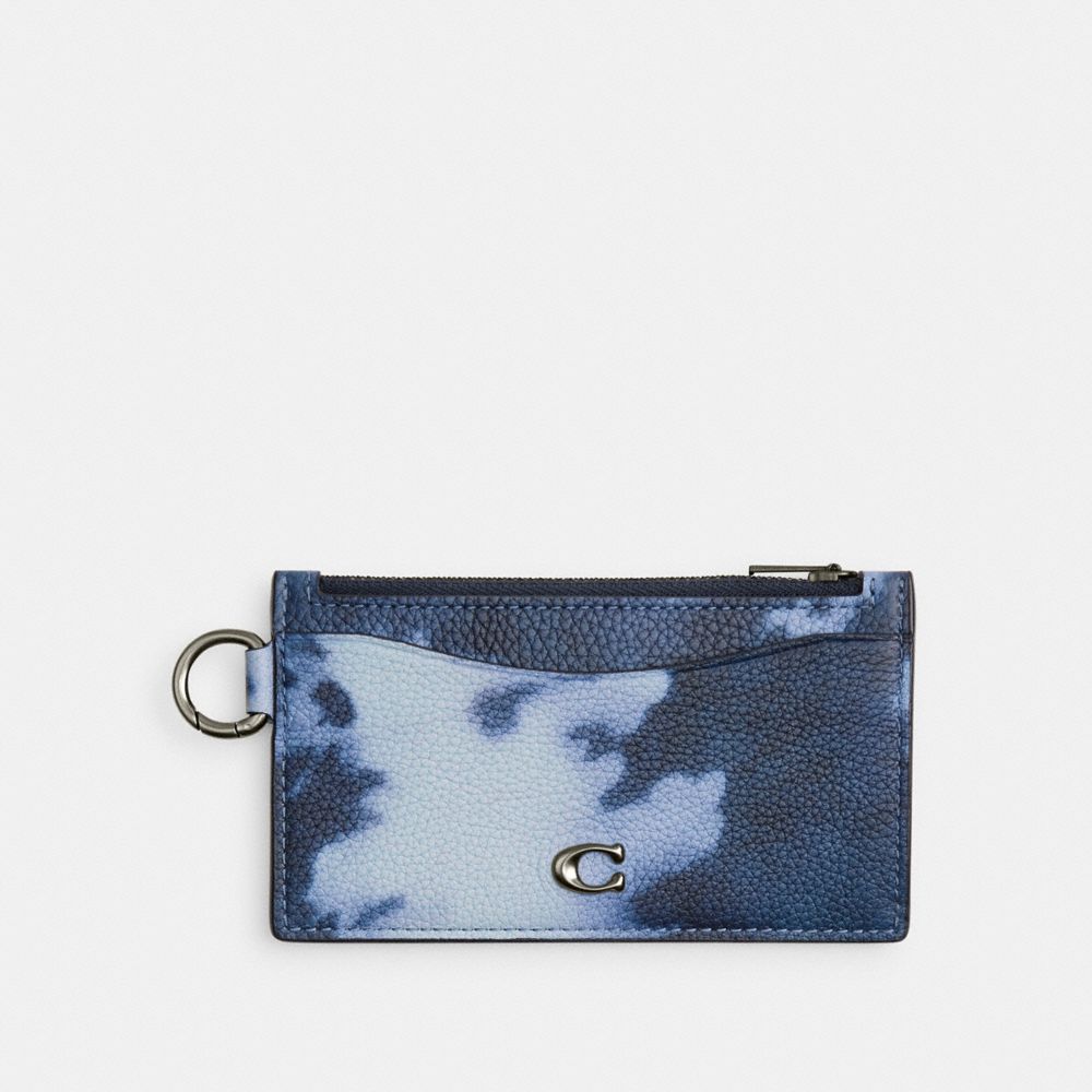 COACH®,ZIP CARD CASE WITH TIE-DYE PRINT,Pebble Leather,Midnight Navy Multi,Front View
