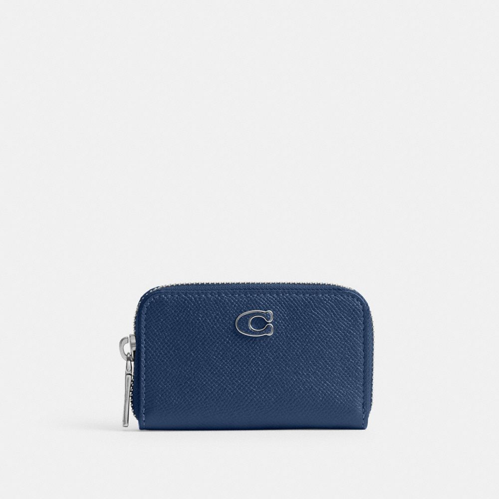 COACH®,PETIT PORTE-CARTES À ZIP-CONTOUR,Cuir Cross-grain,Bleu Profond,Front View