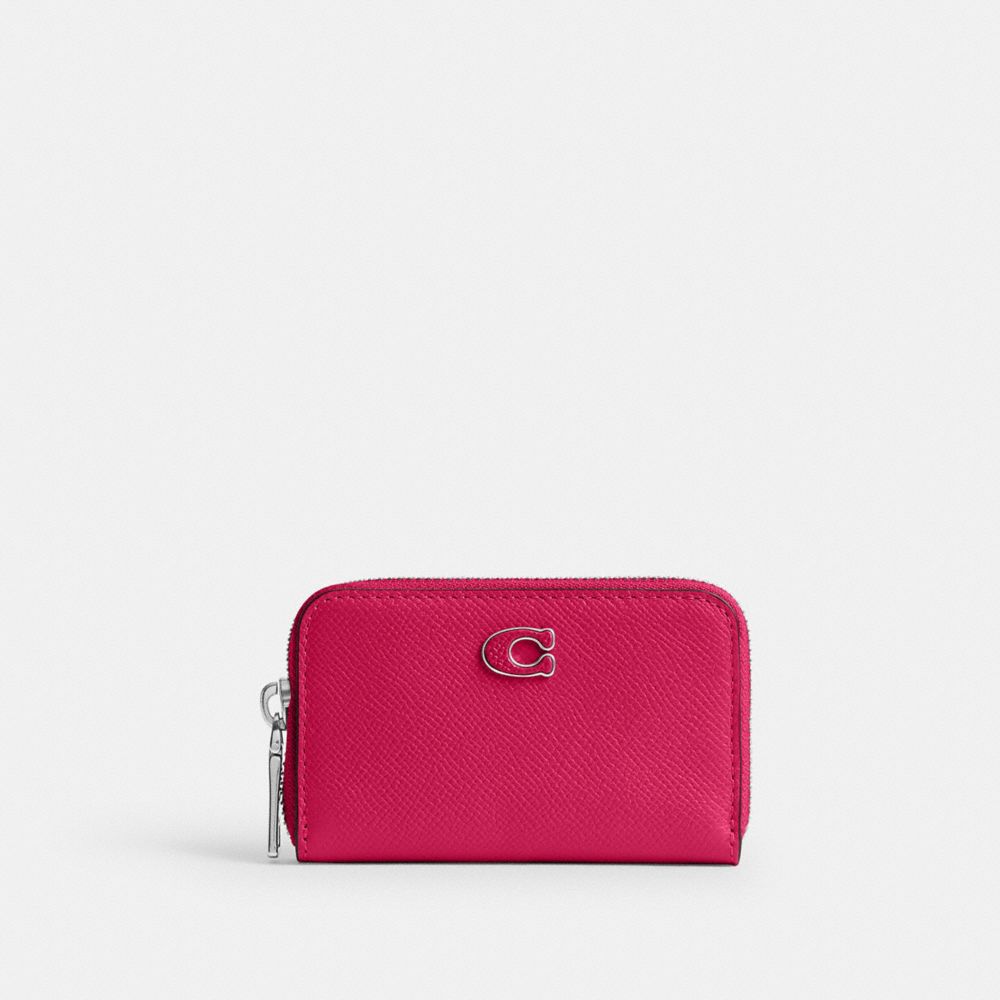 COACH®,SMALL ZIP AROUND CARD CASE,Crossgrain Leather,Mini,Dragon Fruit,Front View