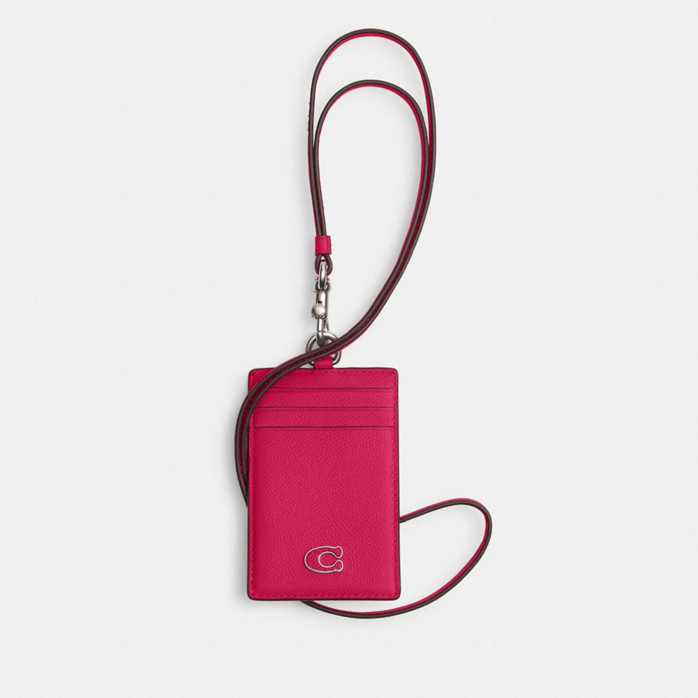 COACH®,ID LANYARD WITH SIGNATURE CANVAS,Crossgrain Leather,Dragon Fruit,Front View