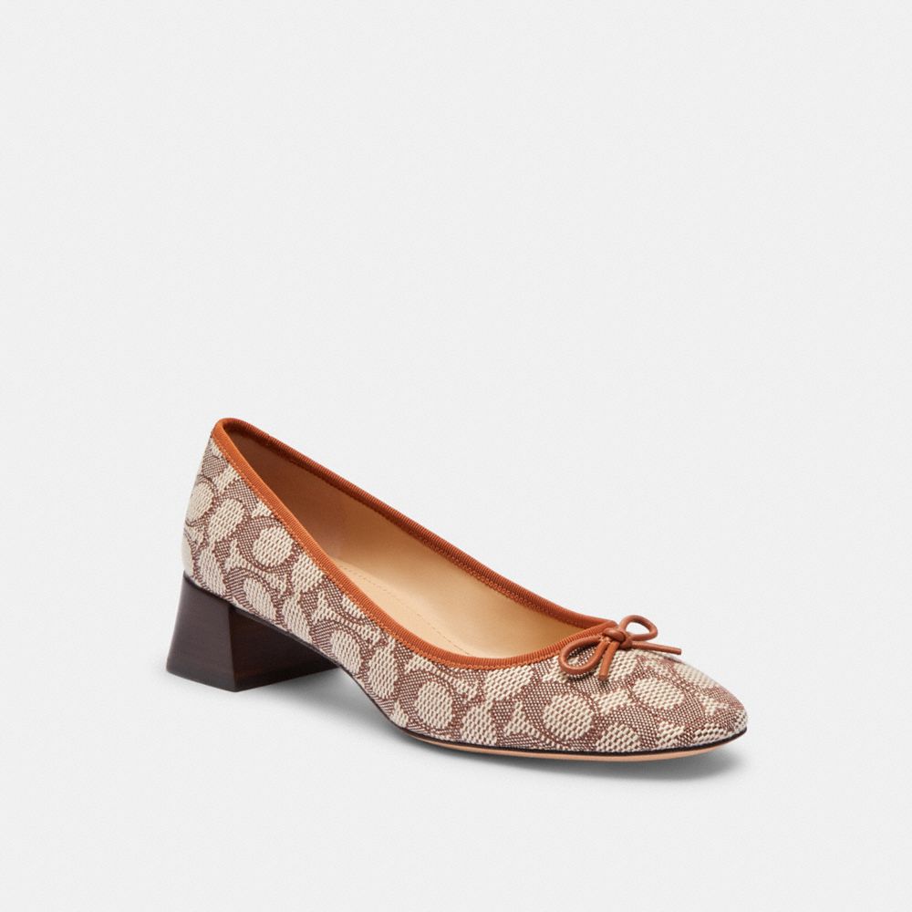 COACH®,AVA BALLET PUMP IN SIGNATURE TEXTILE JACQUARD,Cocoa/Burnished Amber,Front View