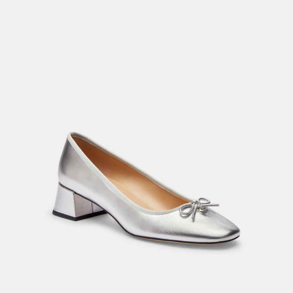 COACH®,AVA BALLET PUMP,Metallic Leather,Silver,Front View