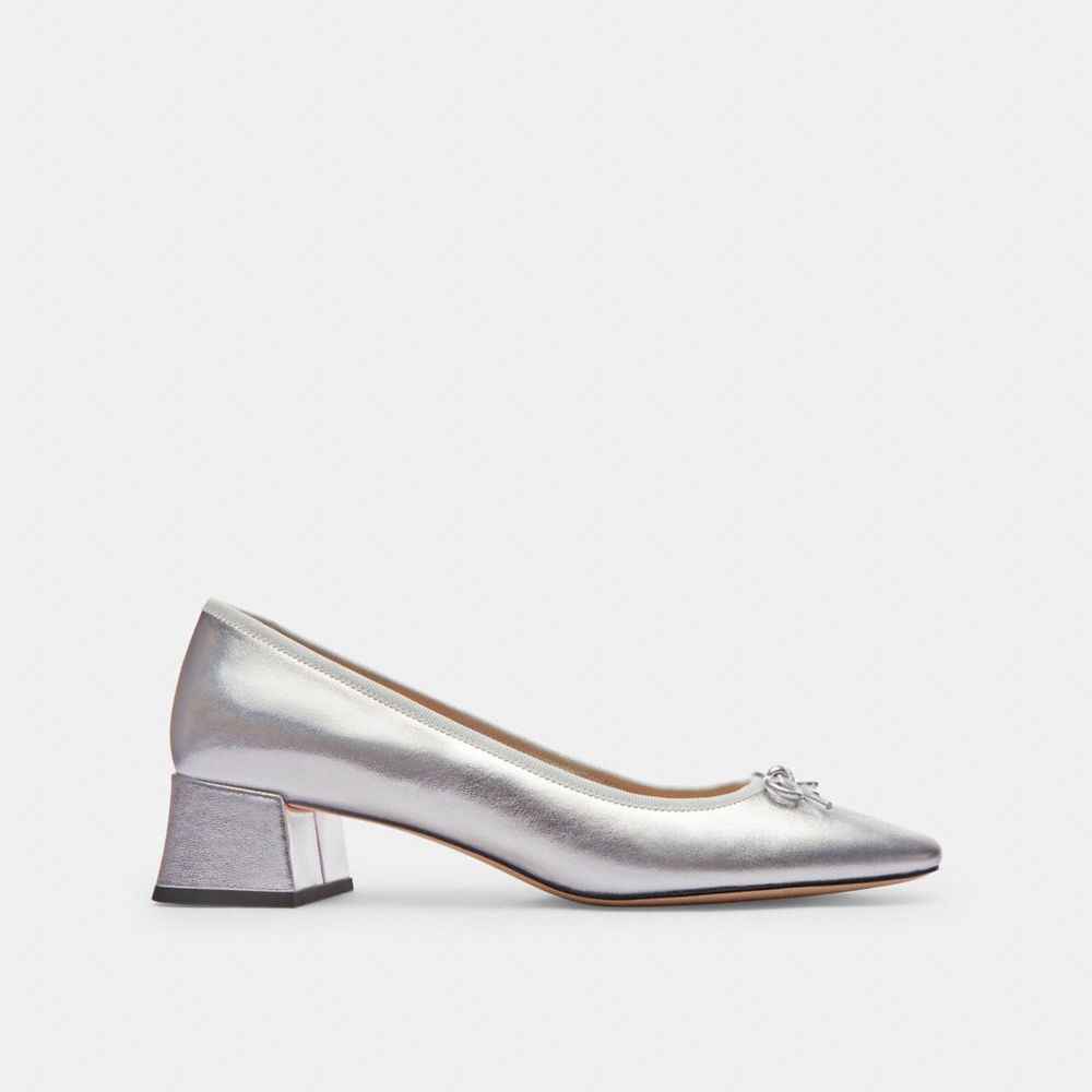 COACH®,AVA BALLET PUMP,Metallic Leather,Silver,Angle View