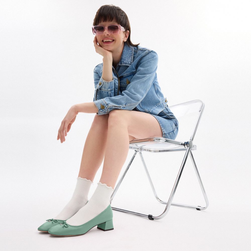 COACH®,Ava Ballet Pump,Rubber,Leather,Pumps,Ballet Flats,Logo,Metal,Bow,Pull Tab,Work,Day Party,Green,Detail View