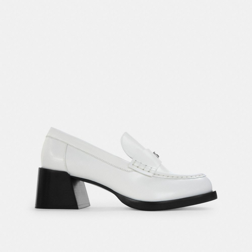 COACH®,Natalie Loafer,Rubber,Pumps,Loafer,Logo,Metal,Penny Loafer,Insulated,Day Party,White,Angle View