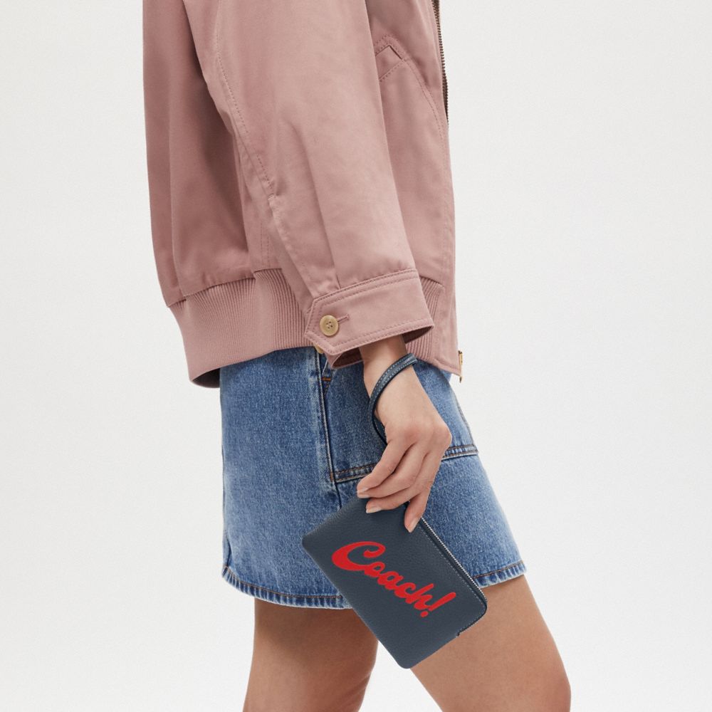 COACH®,Corner Zip Wristlet With Coach Graphic,Leather,Pouch,Wristlet,Navy,Detail View