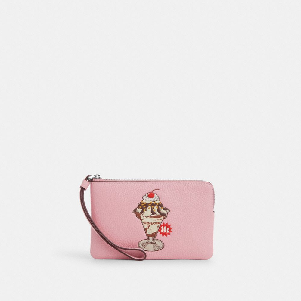 COACH®,CORNER ZIP WRISTLET WITH SUNDAE GRAPHIC,Mini,Sv/Cherry Blossom,Front View