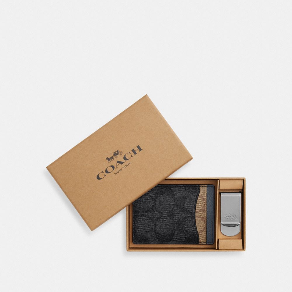 COACH®,BOXED 3-IN-1 CARD CASE GIFT SET IN COLORBLOCK SIGNATURE CANVAS,Signature Canvas,Qb/Charcoal/Khaki/Denim,Front View