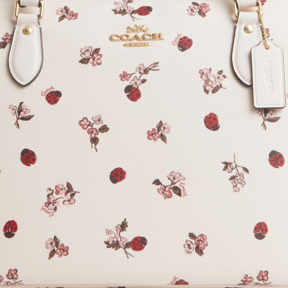 COACH®,Gallery Tote Bag With Ladybug Floral Print,Leather,Canvas,Tote,Logo,Day Party,Cream