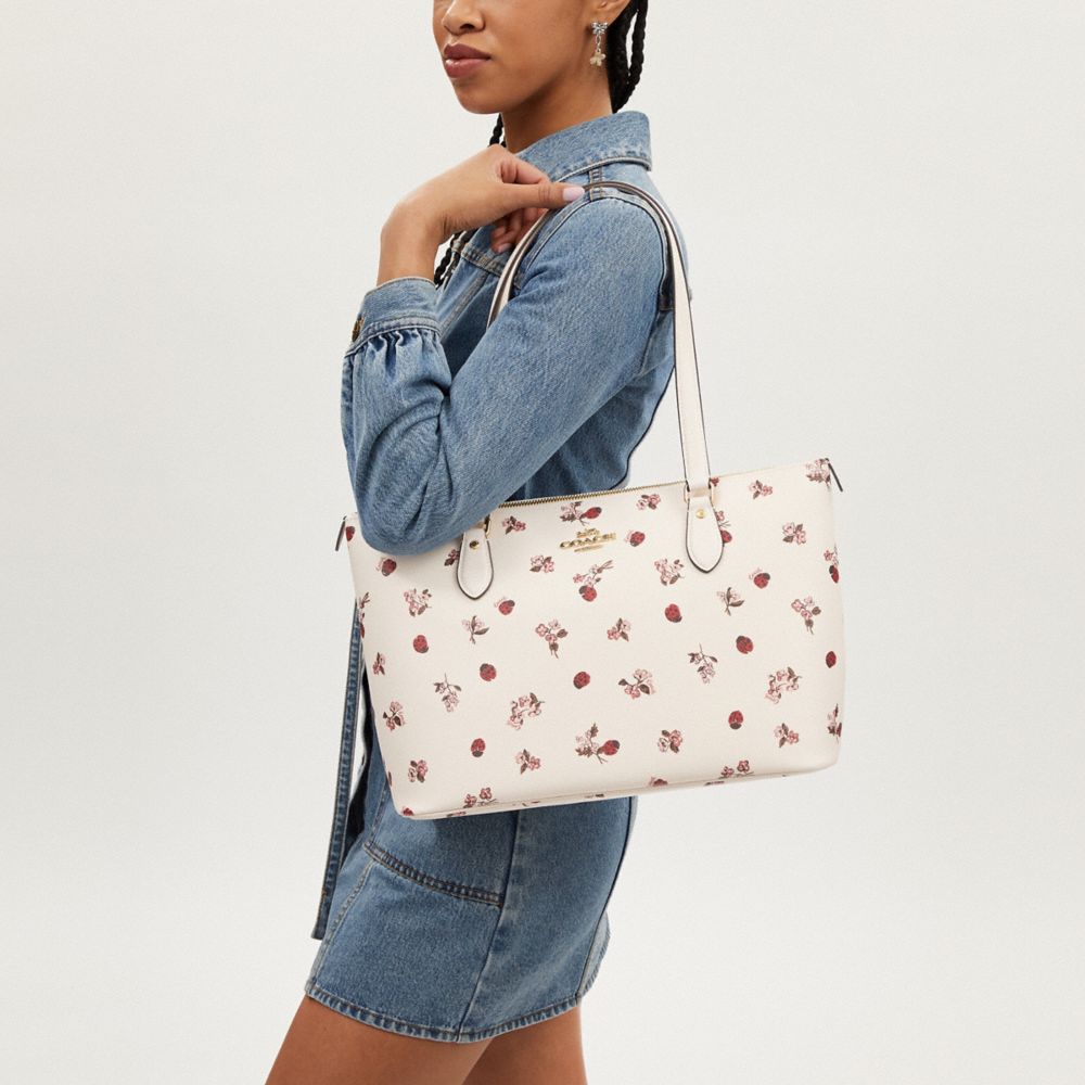 COACH®,Gallery Tote Bag With Ladybug Floral Print,Leather,Canvas,Tote,Logo,Day Party,Cream,Detail View