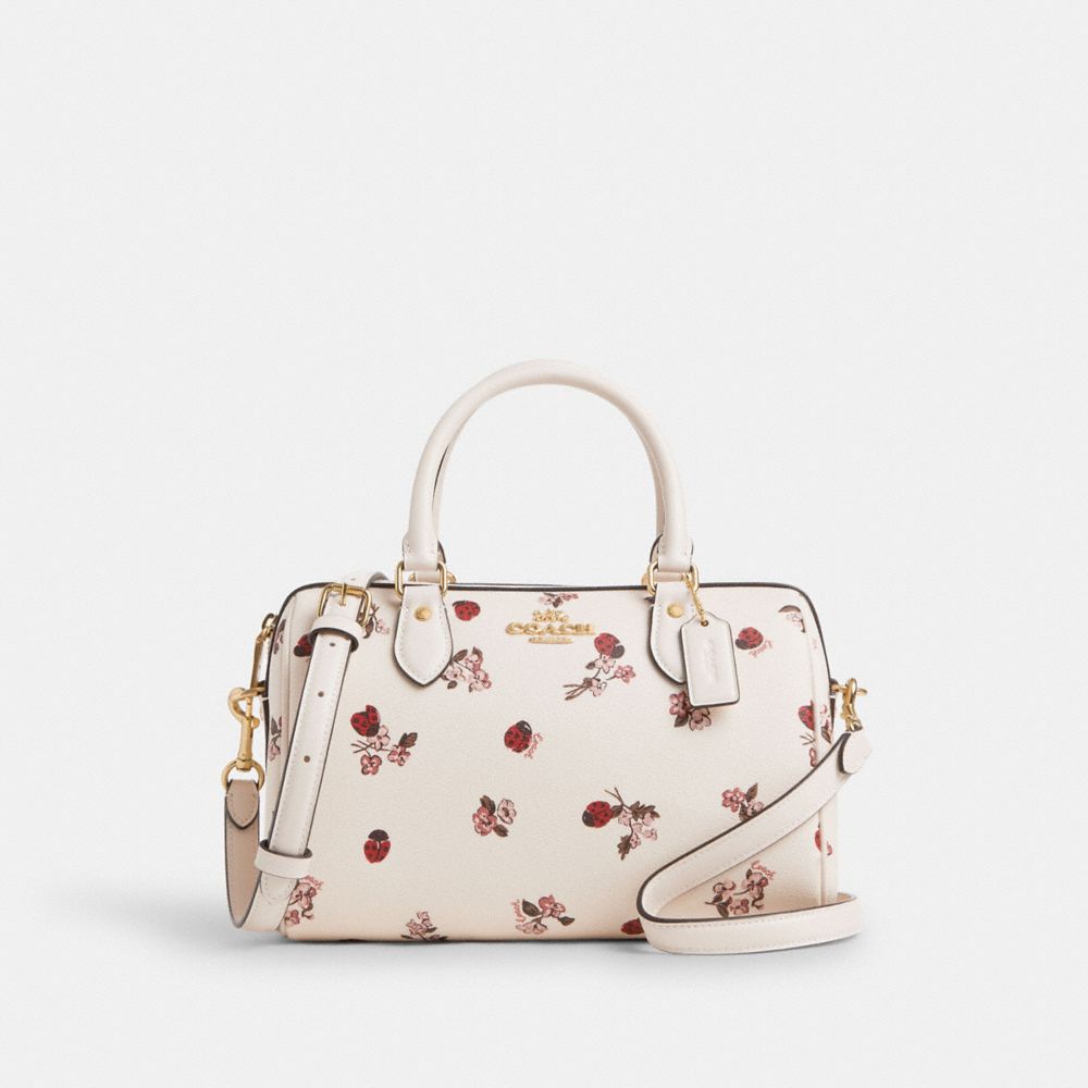 COACH®,SATCHEL ROWAN AVEC IMPRIMÉ FLORAL COCCINELLE,PVC,Or/Craie Multi,Front View