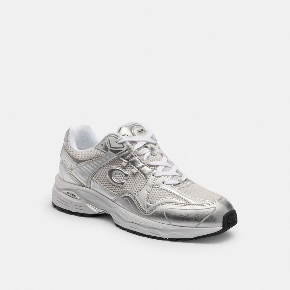 COACH®,C301 SNEAKER,Metallic Leather,Optic White,Front View image number 0