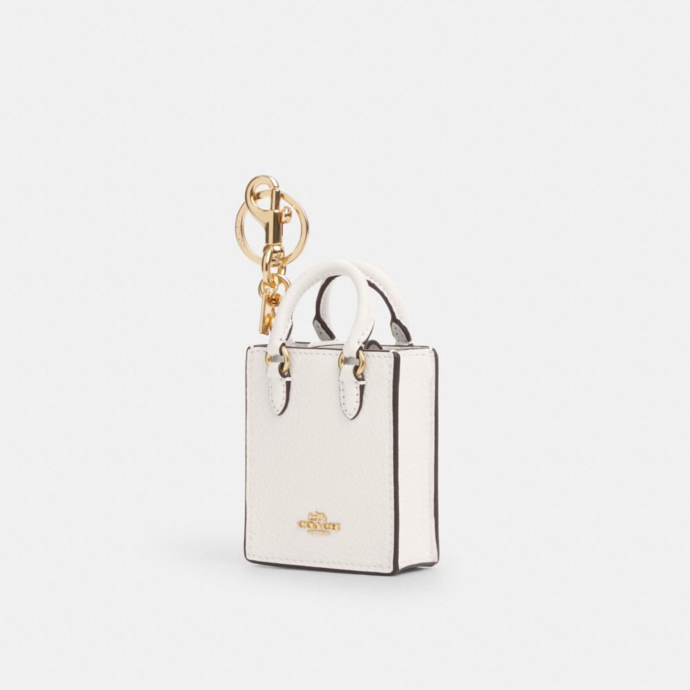 COACH®,North/South Mini Tote Bag Charm,Leather,Bag Charm,3D Embellishment,Key Ring,White,Front View