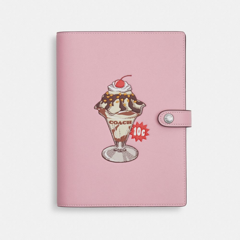 COACH®,NOTEBOOK WITH BOARDWALK GRAPHIC,Sv/Cherry Blossom,Front View