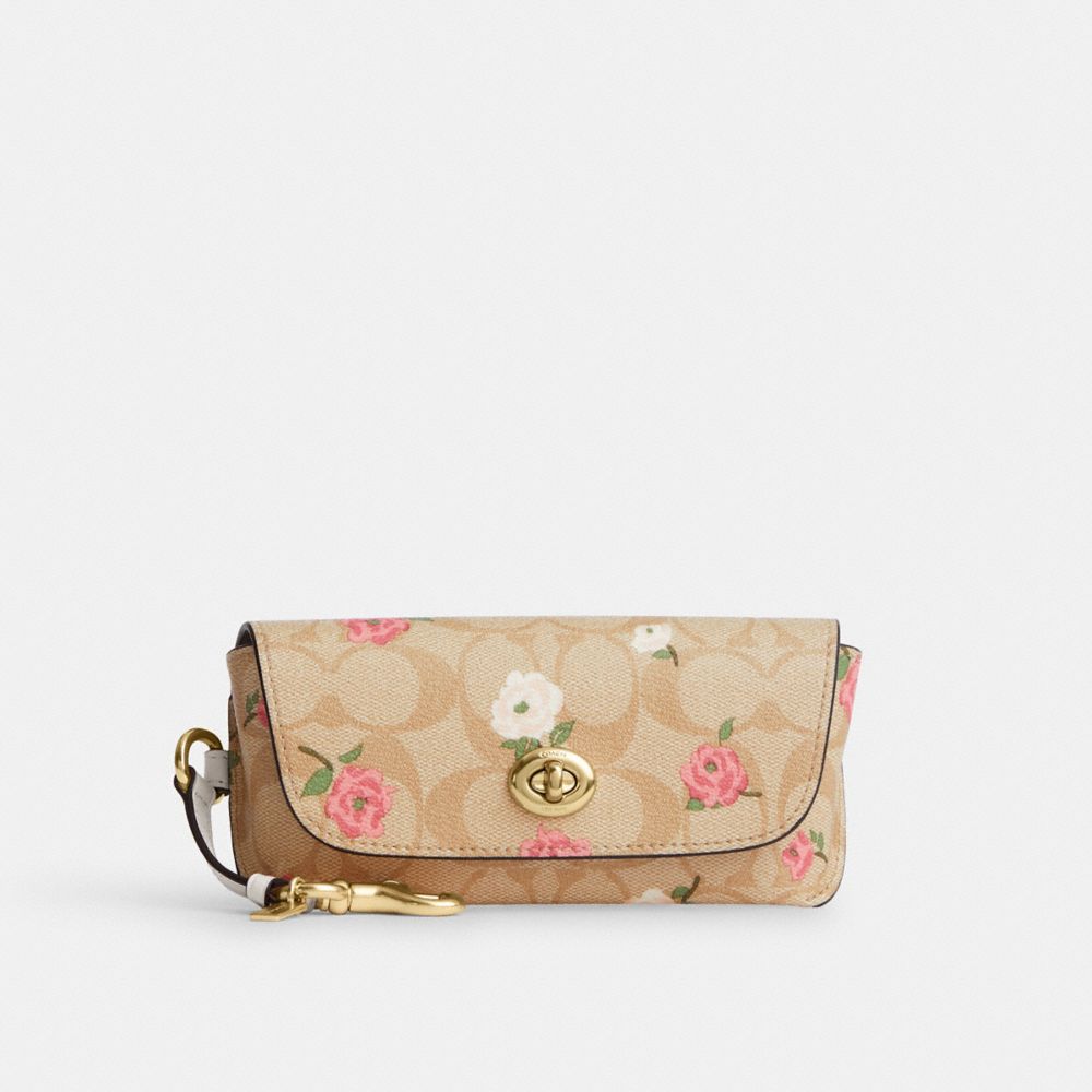 COACH®,SUNGLASS CASE IN SIGNATURE CANVAS WITH FLORAL PRINT,Gold/Light Khaki Chalk Multi,Front View