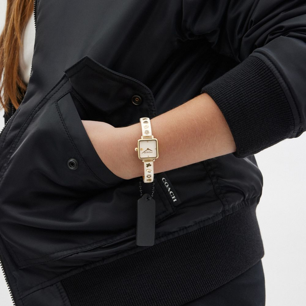 COACH®,Cass Watch, 22 Mm,Analog,Resin,Crystal,Floral Embellishment,Metal,Logo,Word Embellishment,Water Resistant,Gold Meta...,White,Detail View