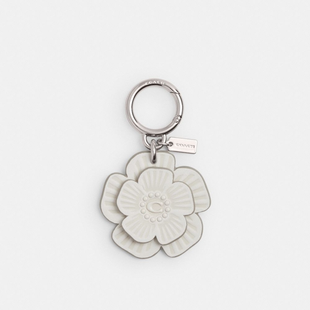 COACH®,TEA ROSE BAG CHARM,Glovetanned Leather,Silver/Chalk,Front View