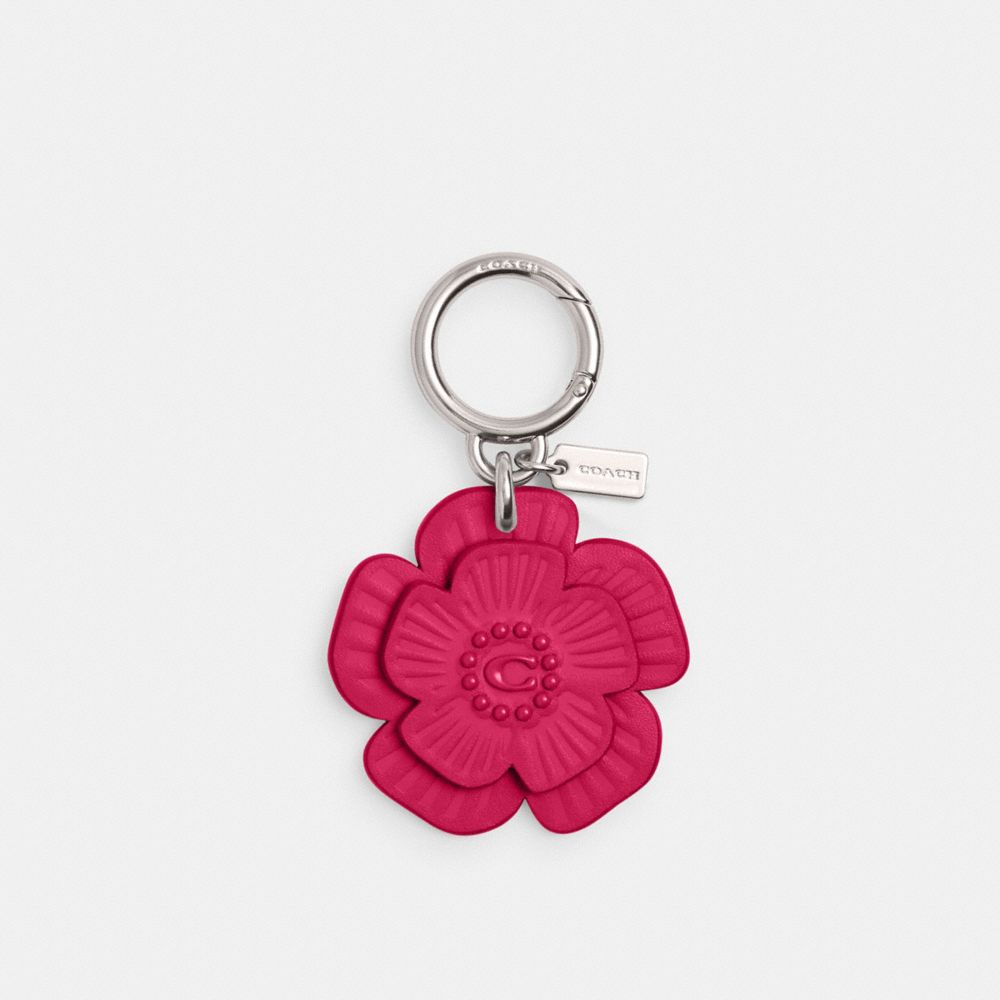 COACH®,TEA ROSE BAG CHARM,Glovetanned Leather,Silver/Dragonfruit,Front View
