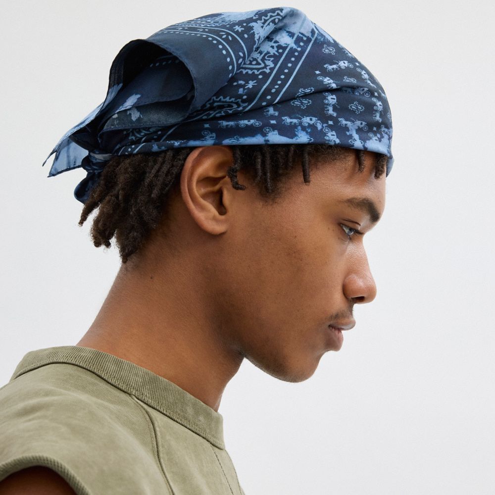 COACH®,Heritage Tie Dye Print Silk Bandana,Silk,Bandana,Pattern,Casual,Navy,Detail View