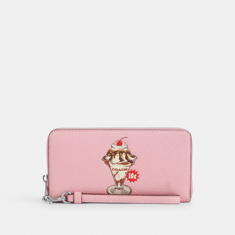 COACH®,LONG ZIP AROUND WALLET WITH SUNDAE GRAPHIC,Mini,Sv/Cherry Blossom,Front View