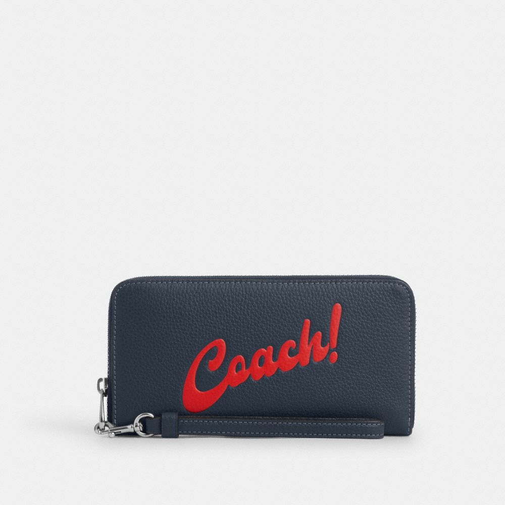 COACH®,LONG ZIP AROUND WALLET WITH COACH GRAPHIC,Mini,Silver/Denim,Front View
