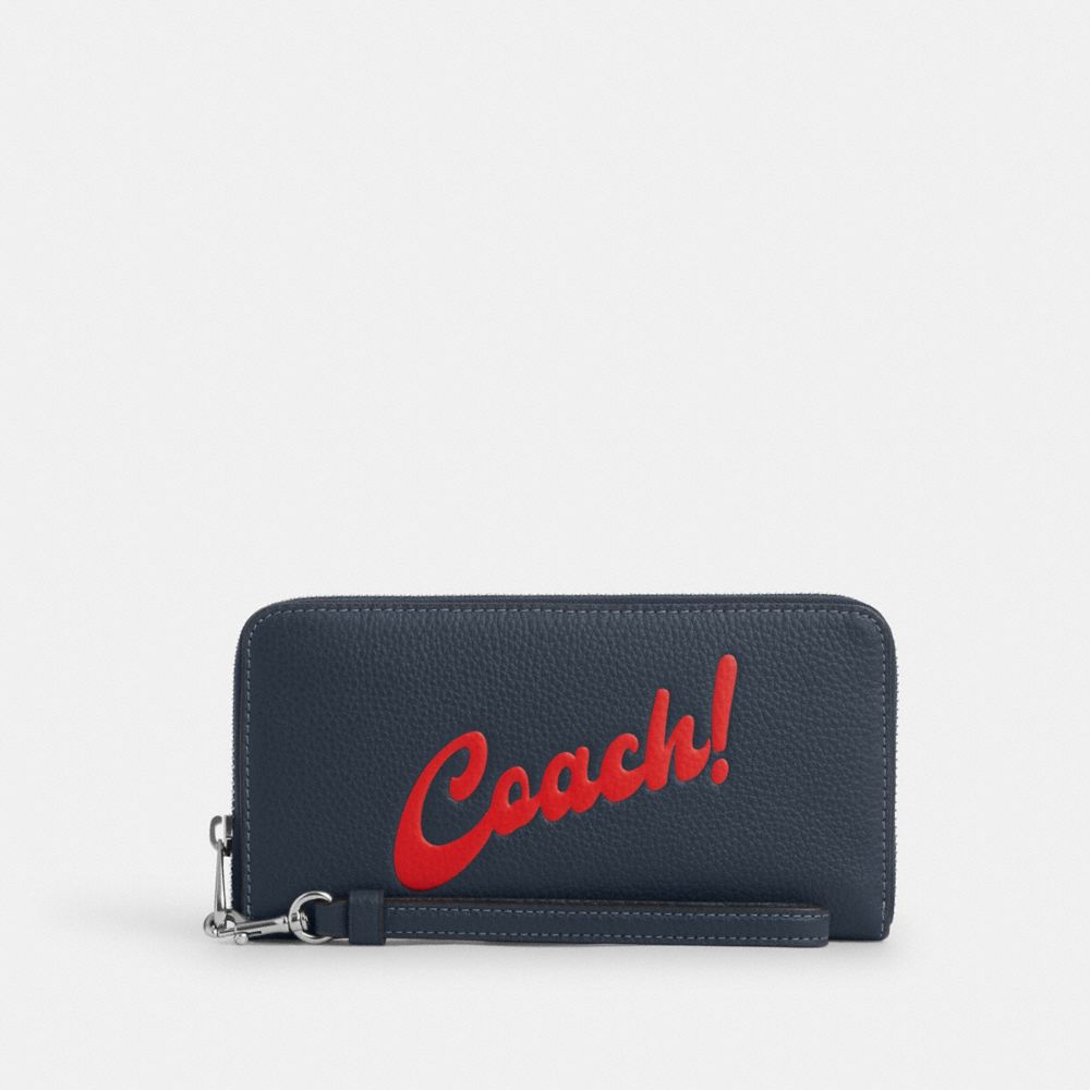 COACH®,PORTEFEUILLE LONG ZIP-CONTOUR AVEC IMPRIMÉ COACH,Cuir,Argent/Denim,Front View