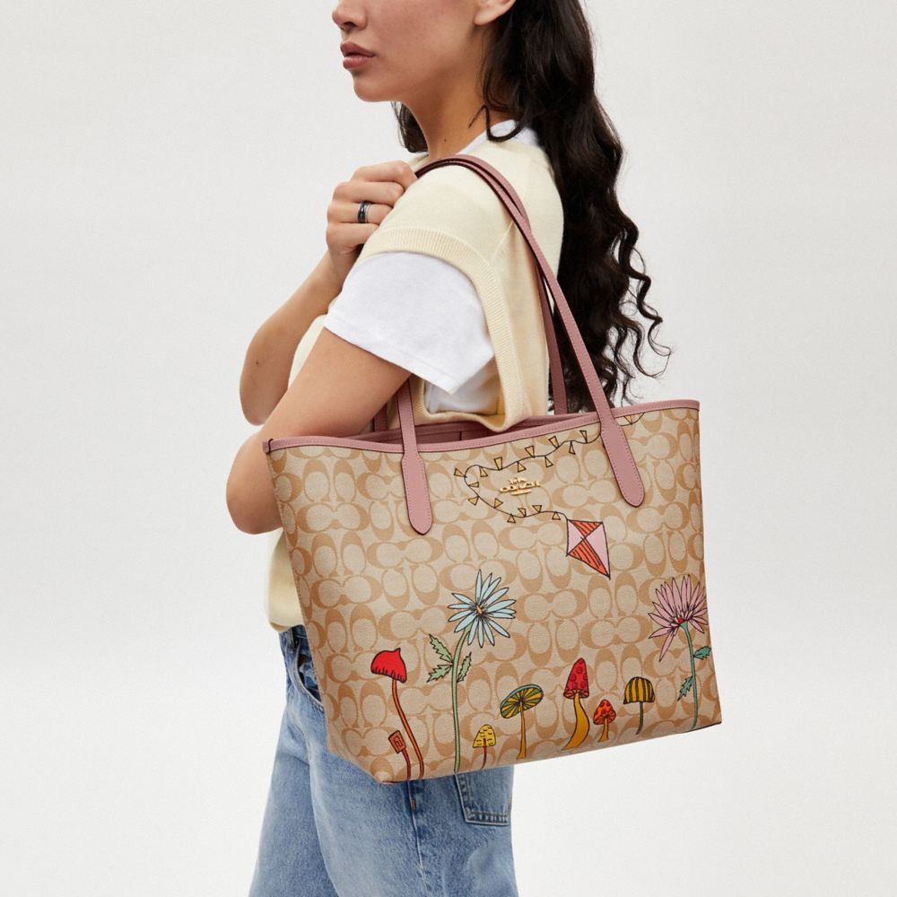 COACH®,Coach X Observed By Us City Tote Bag In Signature Canvas,Tote,Piping,Casual,Beige,Detail View