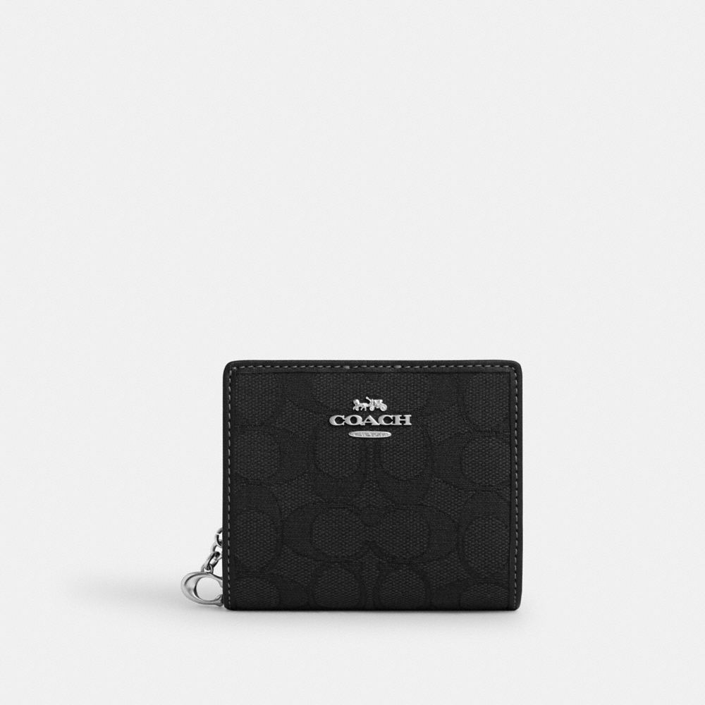 COACH®,PORTEFEUILLE À BOUTON-PRESSION EN JACQUARD SIGNATURE,Faux cuir,Argent/Noir,Front View