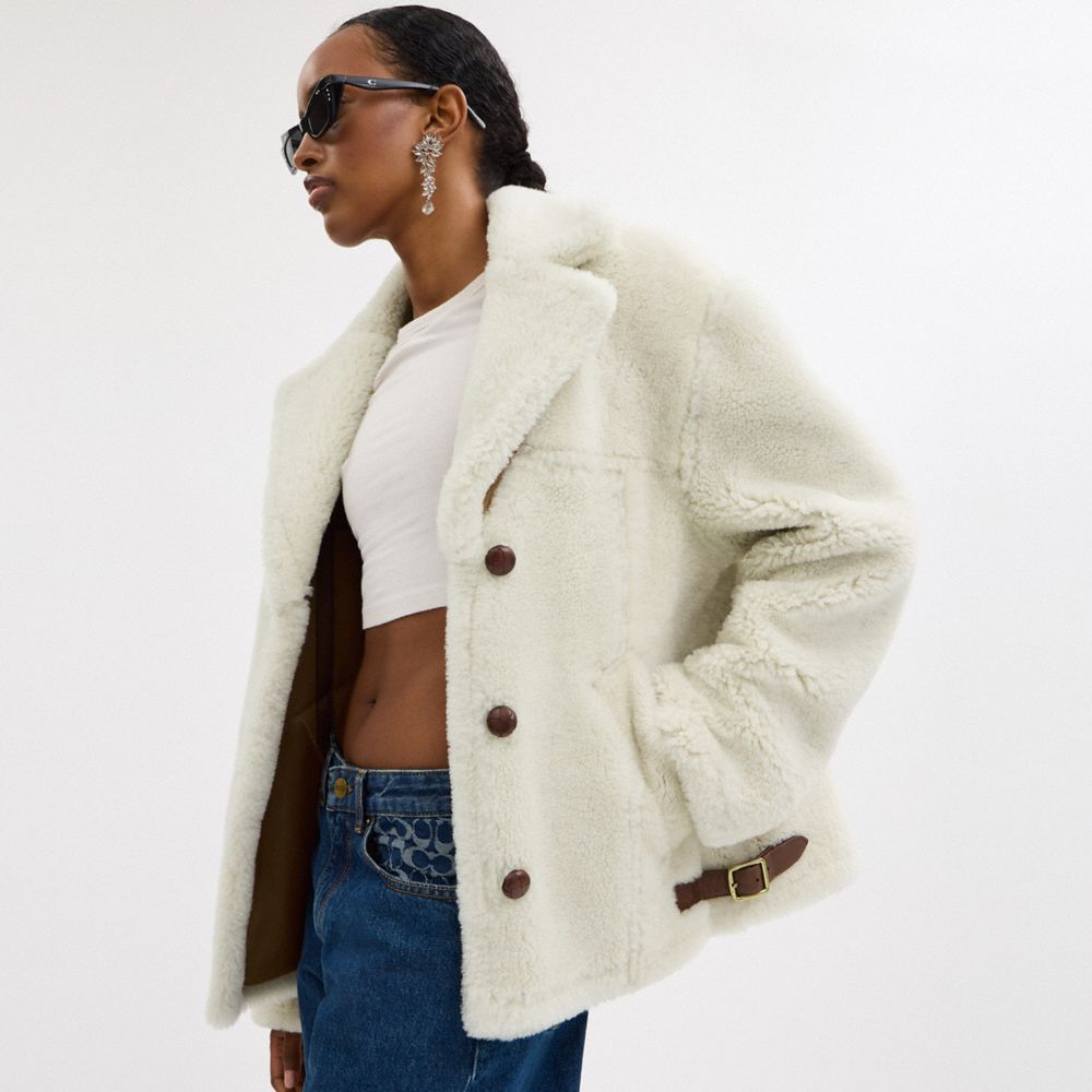 COACH®,Shearling Cardi Coat,Shearling,Teddy,Casual,Cream,Detail View