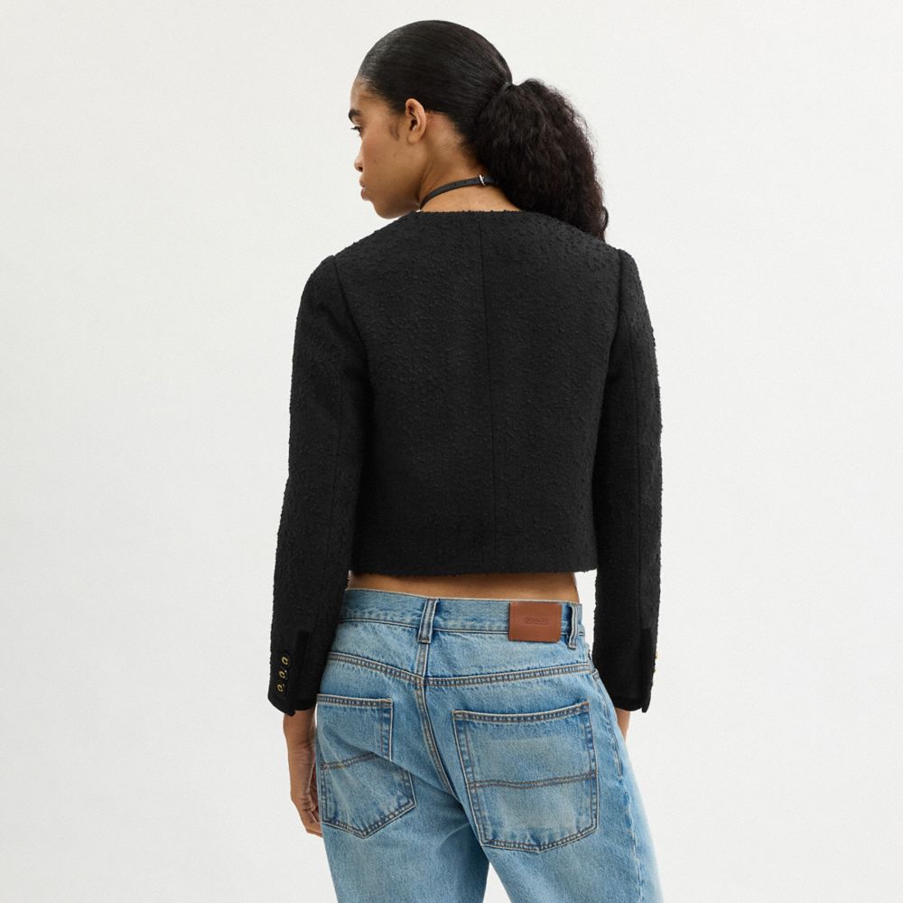 COACH®,Boucle Jacket,Acrylic,Cotton,Polyester,Wool,Jacket,Button,Mixed Media,Sustainable,Day Party,Black,Scale View
