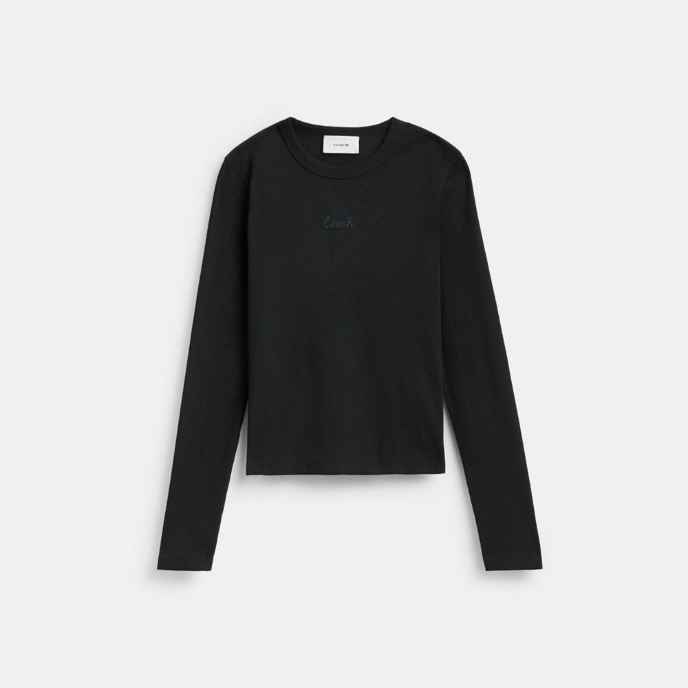 Shop Coach Ribbed Long Sleeve Shirt With  Embroidery In Black