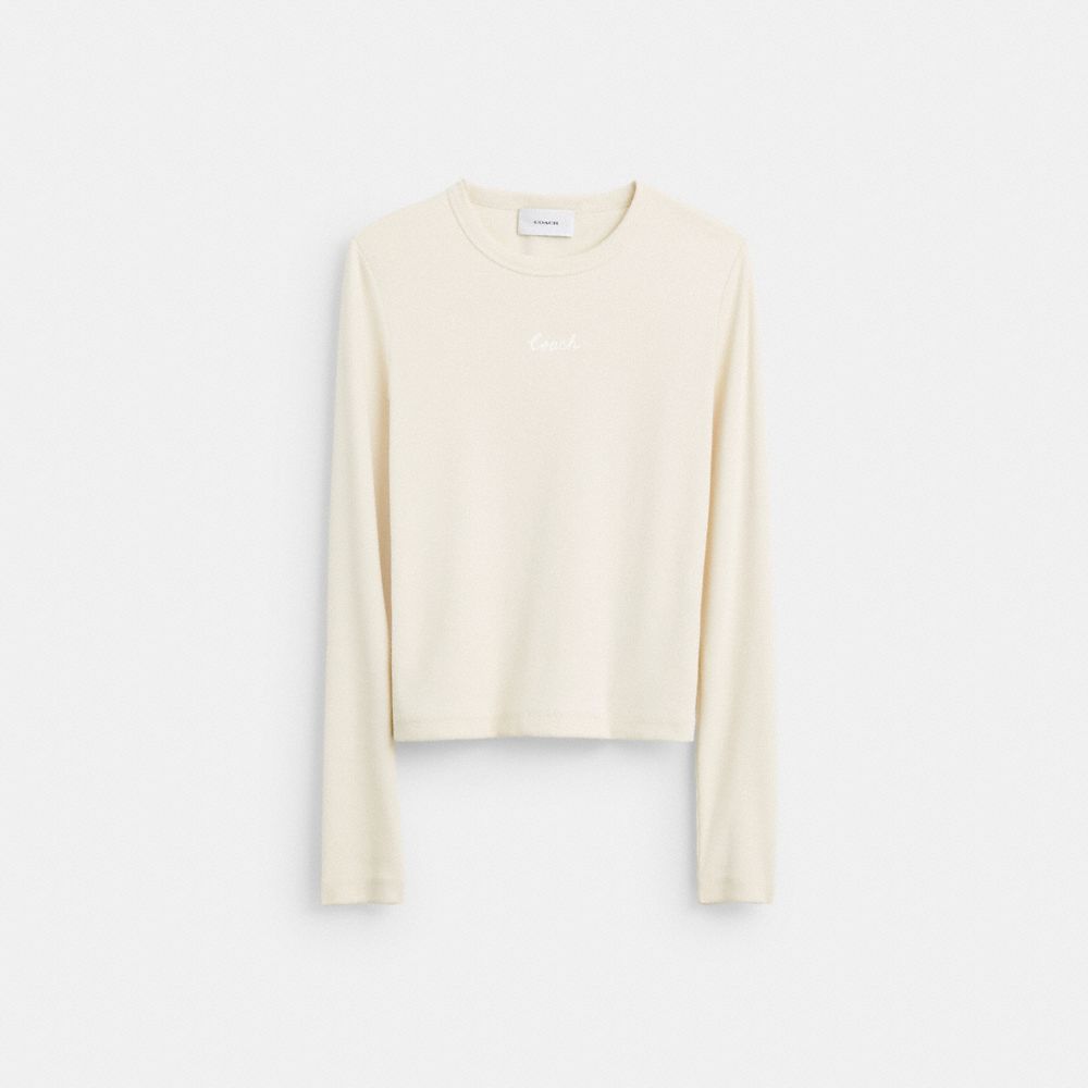 COACH®,Ribbed Long Sleeve Shirt With Coach Embroidery,Cotton,T Shirt,Logo,Embroidered,Ribbed,Casual,Cream,Front View