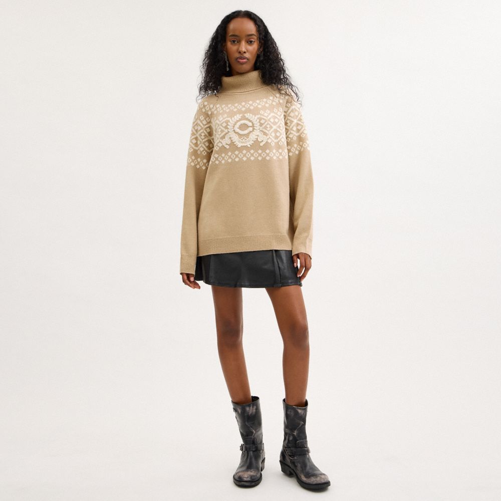 COACH®,Signature Crest Turtleneck,Pullover,Sweater,Applique,Logo,Casual,Beige,Scale View