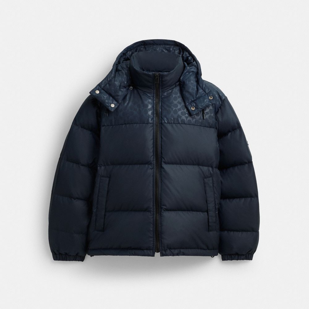 COACH®,Down Puffer Jacket In Recycled Polyester,Recycled Polyester,Down,Puffer,Quilted,Sustainable,Down Insulation,Ripstop...,Navy,Front View