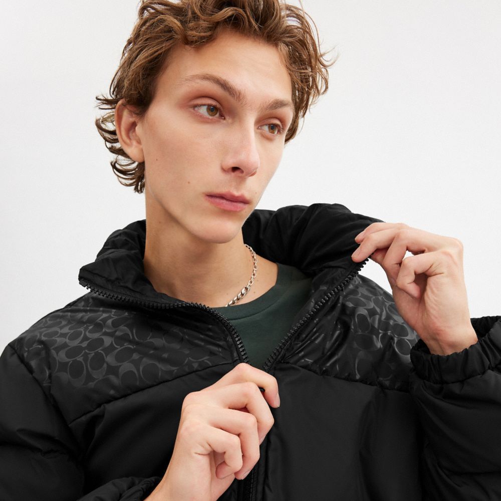 COACH®,Down Puffer Jacket In Recycled Polyester,Polyester,Quilted,Puffer,Down,Metal,Sustainable,Ripstop,Waterproof,Casual,Black,Detail View