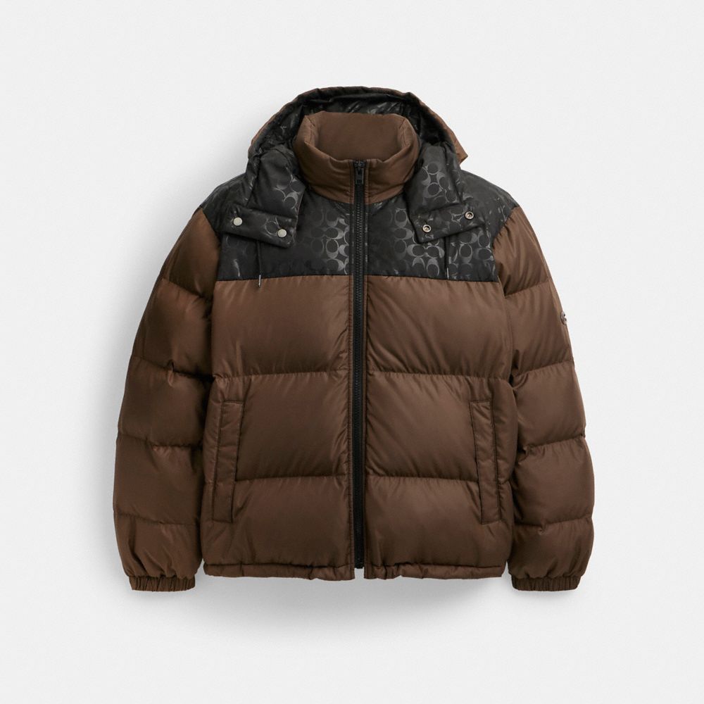 COACH®,Down Puffer Jacket In Recycled Polyester,Recycled Polyester,Down,Puffer,Quilted,Sustainable,Down Insulation,Ripstop...,Brown,Front View