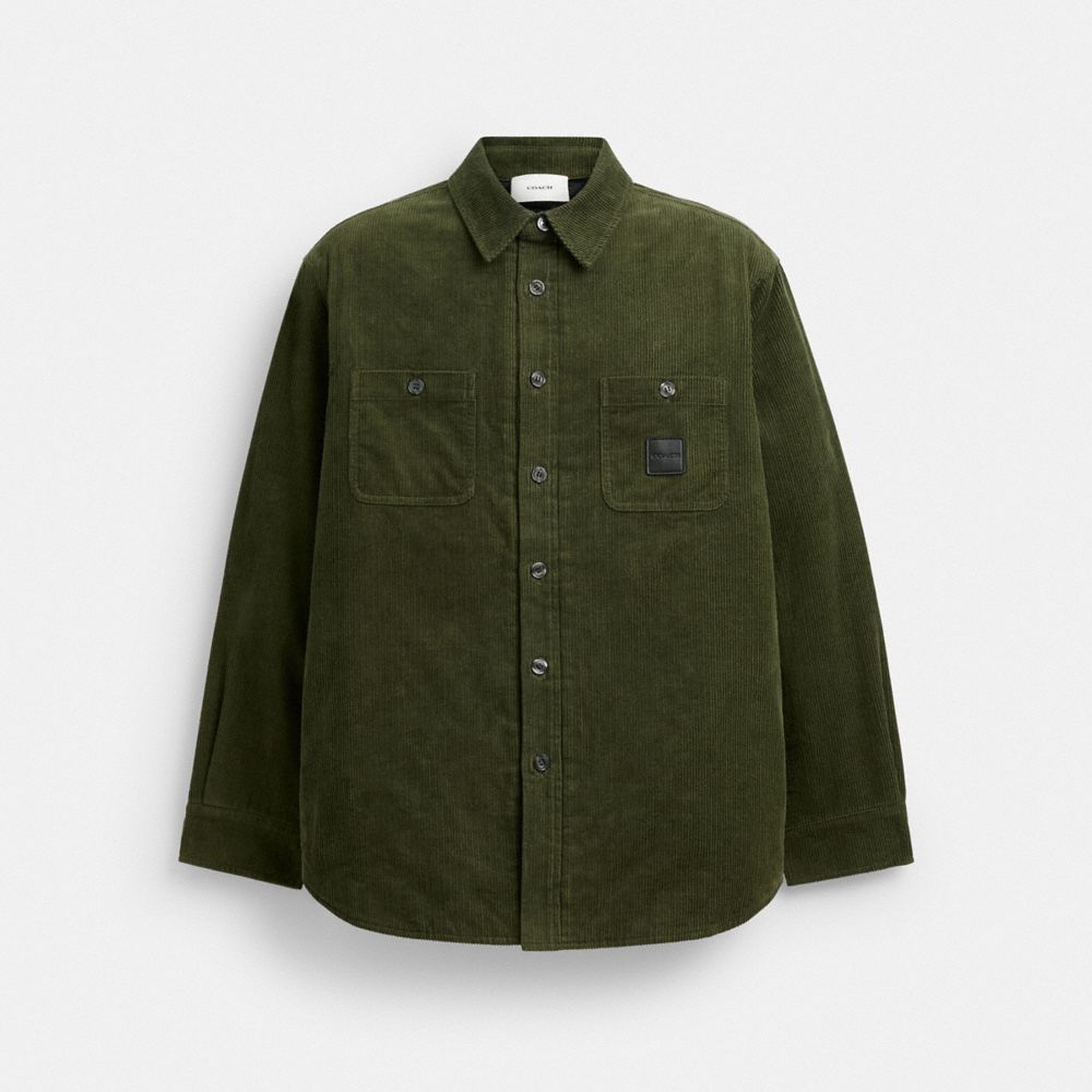 COACH®,Corduroy Shirt Jacket,Shirt Jacket,Logo,Tag Embellishment,Casual,Olive,Front View