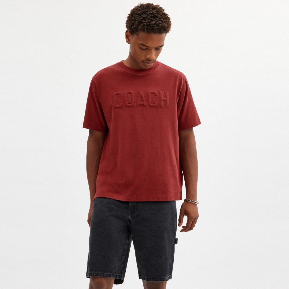 COACH®,Debossed T Shirt In Organic Cotton,Cotton,T Shirt,No Embellishment,Casual,Maroon,Scale View