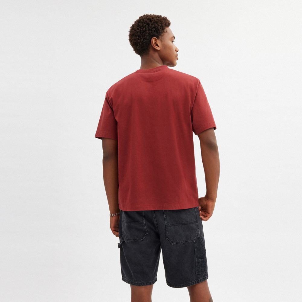 COACH®,Debossed T Shirt In Organic Cotton,Cotton,T Shirt,No Embellishment,Casual,Maroon,Scale View