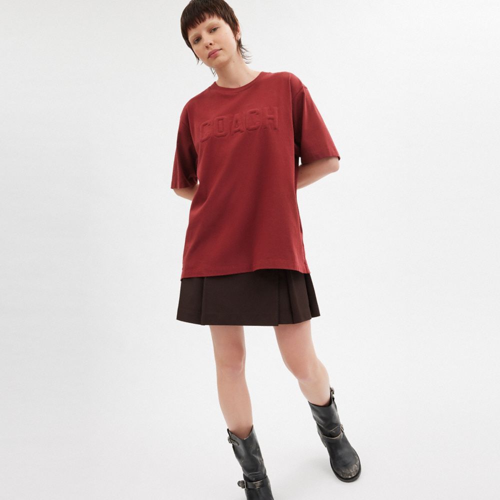 COACH®,Debossed T Shirt In Organic Cotton,Cotton,T Shirt,No Embellishment,Casual,Maroon,Scale View